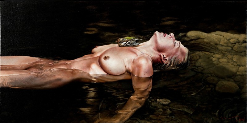 Pintura de Eddy Stevens. Mujer desnuda en el agua