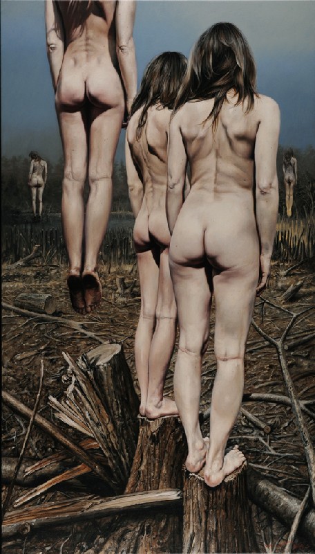 Pintura de Eddy Stevens. Varias mujeres de espaldas y una levitando