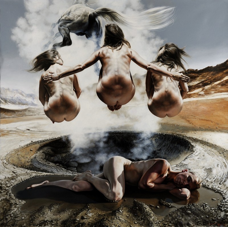 Pintura de Eddy Stevens. Varias mujeres levitando de espaldas y una tumbada