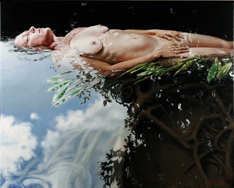 Pintura de Eddy Stevens. Mujer desnuda en el agua