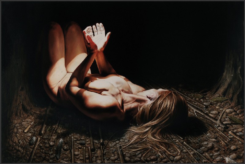 Pintura de Eddy Stevens. Mujer tumbada iluminada por un haz de luz