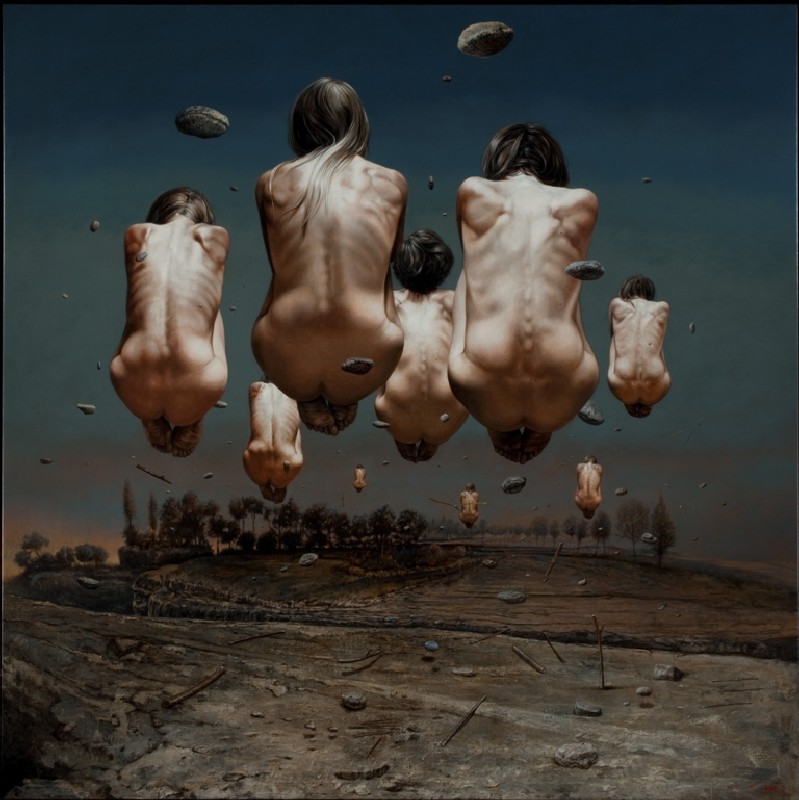 Pintura de Eddy Stevens. Varias mujeres levitando de espaldas