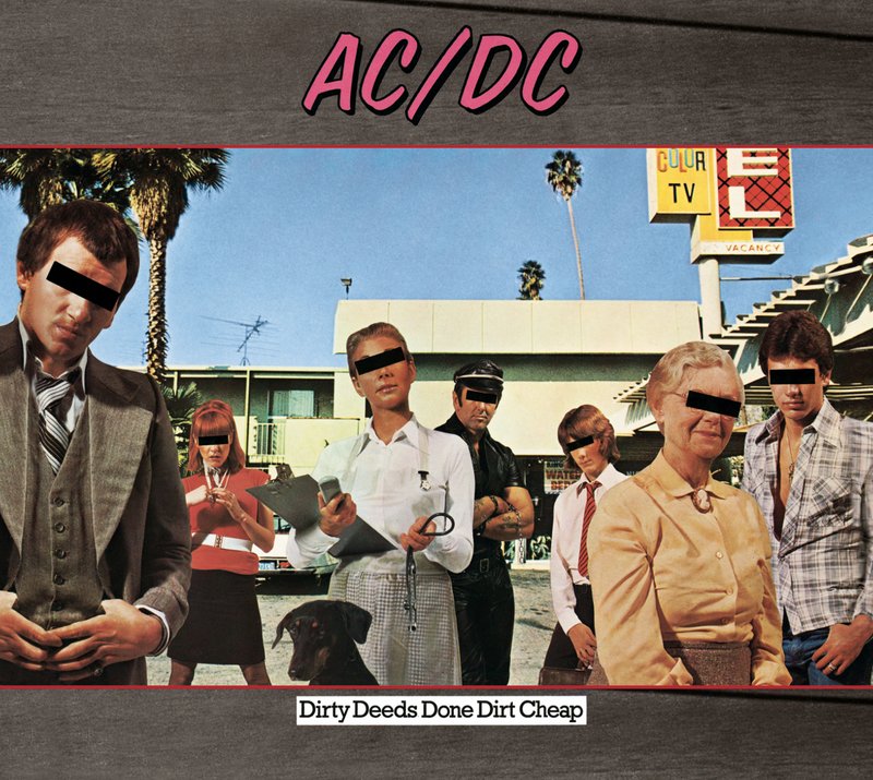 Portada del disco de AC/DC, "Dirty deeds done dirt cheap" (1976). Hipgnosis