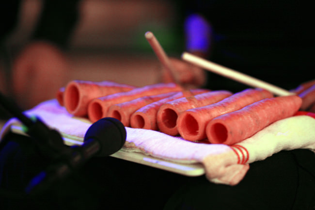 The Vienna Vegetable Orchestra, uno de sus componentes tocando unas zanahorias