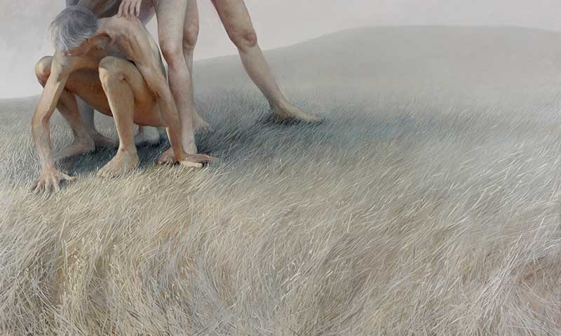 Pintura de mujeres mayores desnudas jugando por la pintora Aleah Chapin