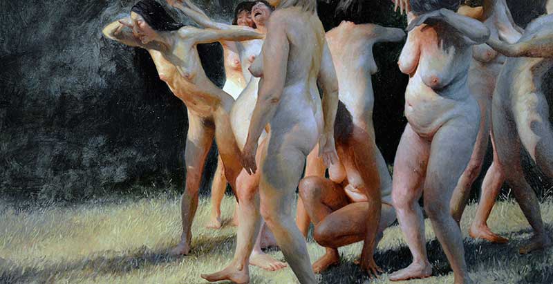 Pintura de mujeres mayores desnudas jugando por la pintora Aleah Chapin