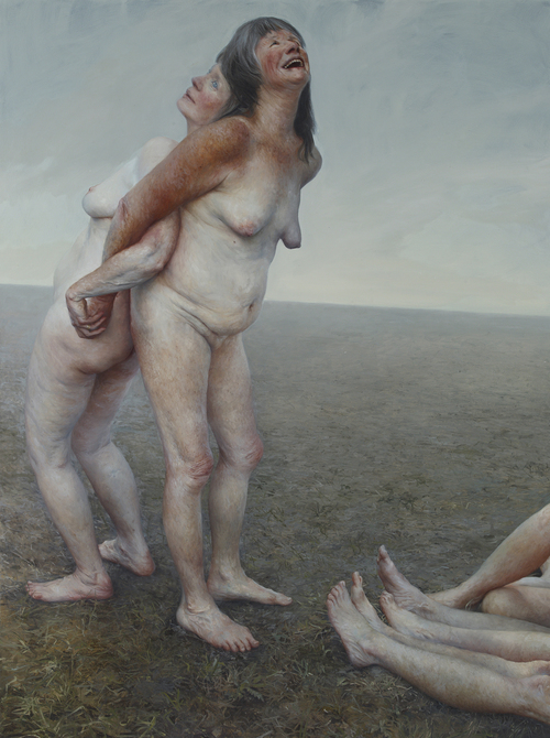 Pintura de mujeres mayores desnudas jugando por la pintora Aleah Chapin