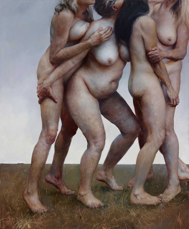 Pintura de varias mujeres desnudas jugando por la pintora Aleah Chapin