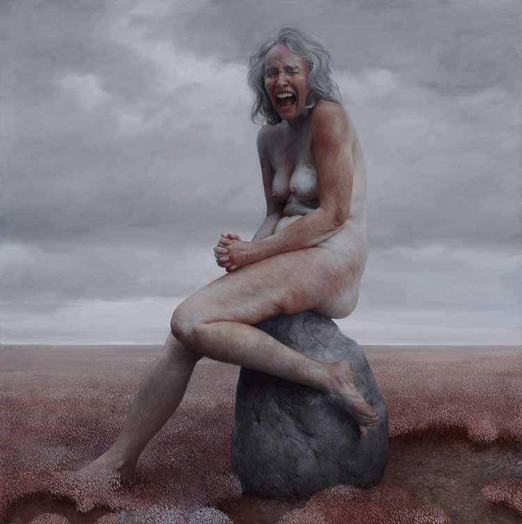 Pintura de una mujer desnuda sobre una piedra gritando por la pintora Aleah Chapin