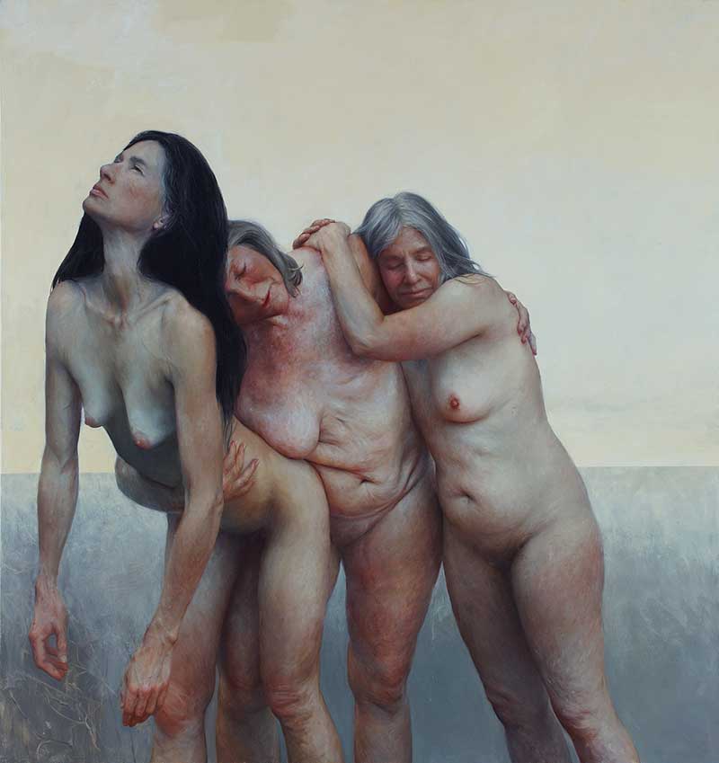 Pintura de varias mujeres abrazadas entre sí por la pintora Aleah Chapin