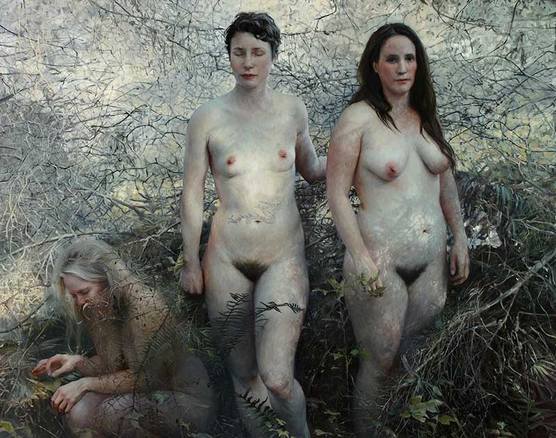Pintura de tres mujeres desnudas en el campo por la pintora Aleah Chapin