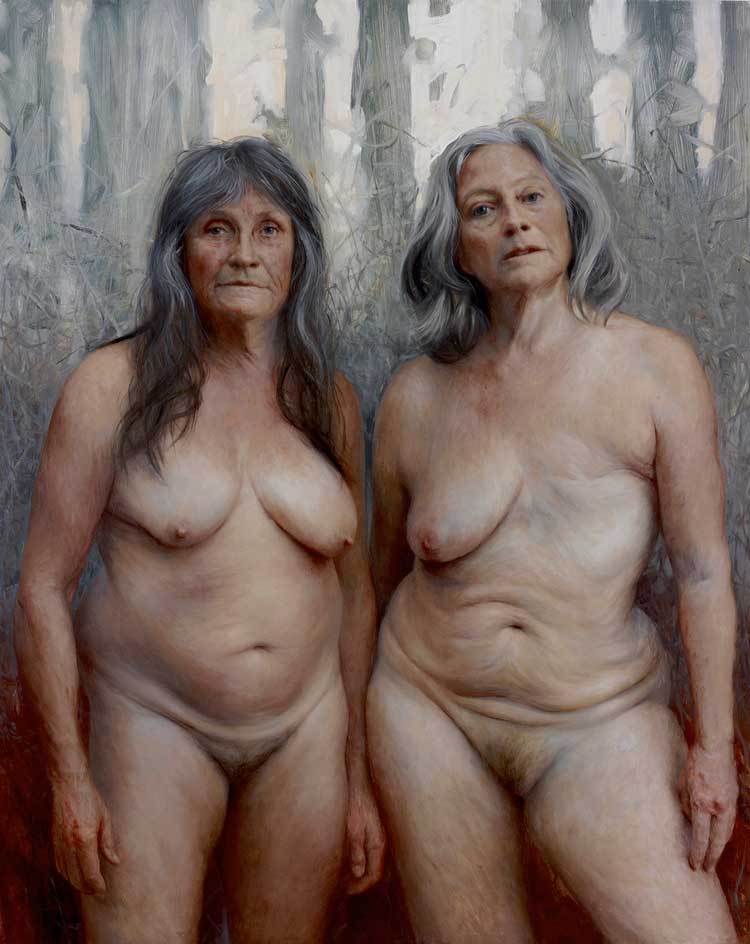 Pintura de dos mujeres mayores desnudas en el campo, una de ellas con una mastectomía por la pintora Aleah Chapin