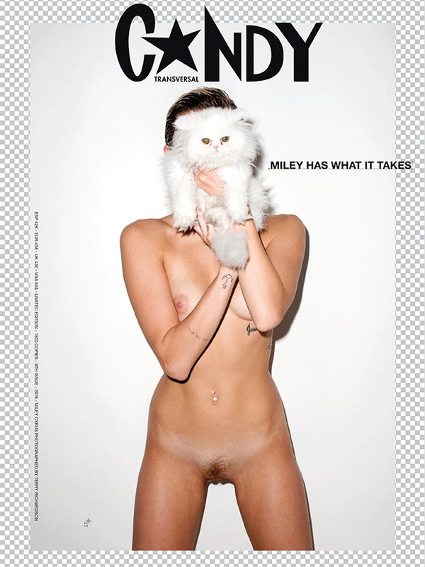 Miley Cyrus desnuda con un gato en la cara.