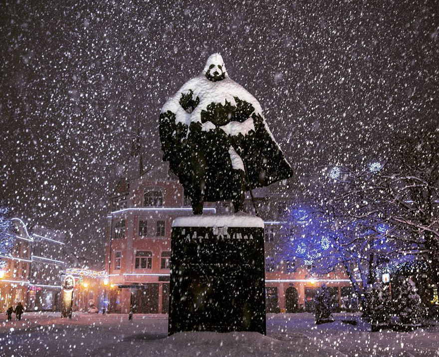 Polish Statue Looks Like Darth Vader After A Snowy Day