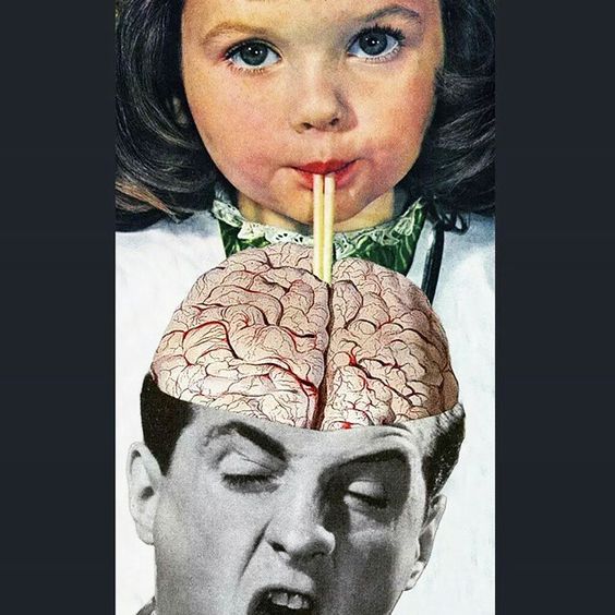Collage niña absorviendo cerebro con pajita