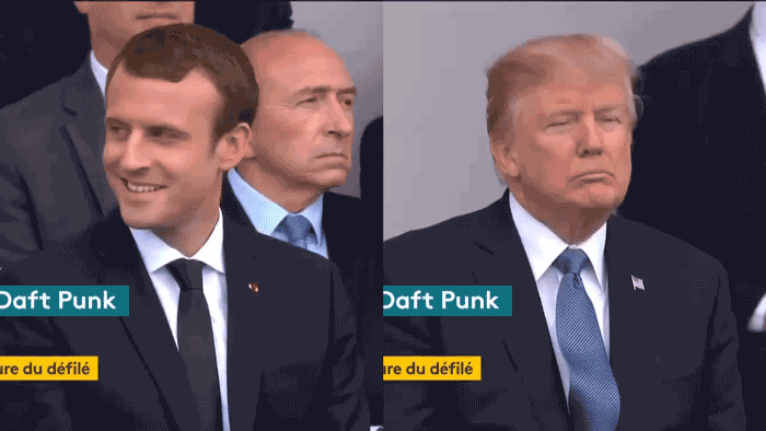 Donald Trump y el presidente francés Emmanuel Macron viendo una banda militar francesa tocar un medley Daft Punk