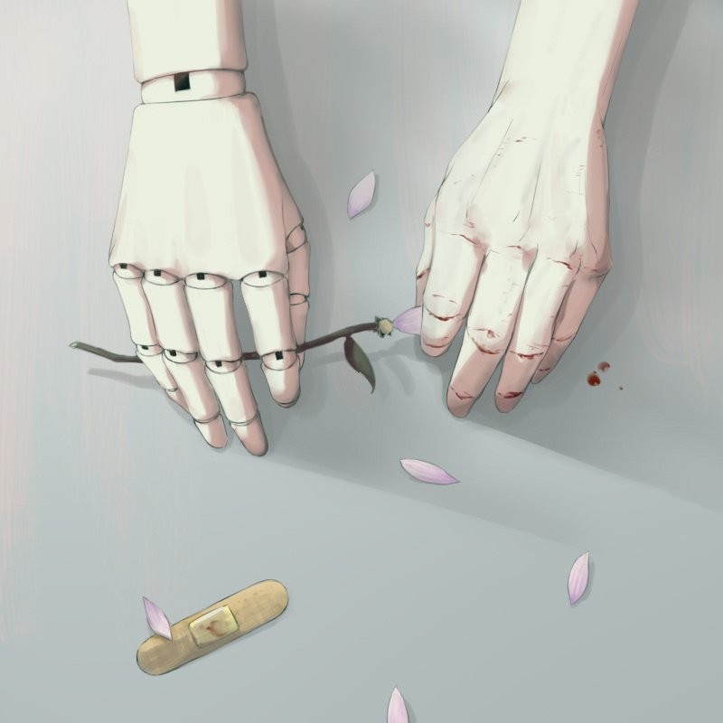 las manos de una marioneta sangran al contacto con las espinas de una rosa