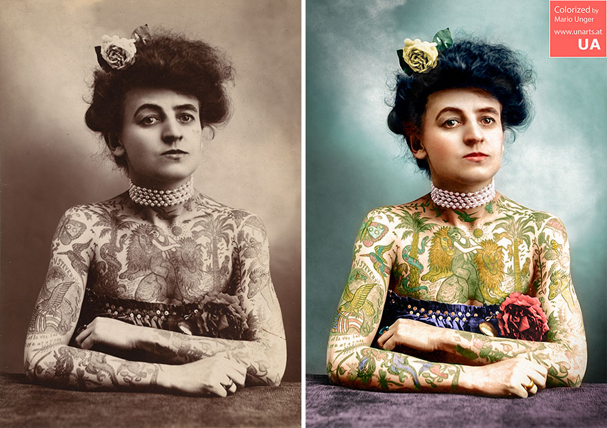 Maud Wagner, la primera mujer tatuadora profesional de la que se tiene registro en los Estados Unidos.