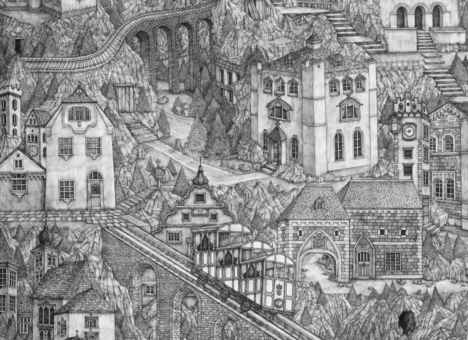 Olivia Kemp 6 ilustración dibujos granescala tinta lápiz detallismo lugares arte artepictórico