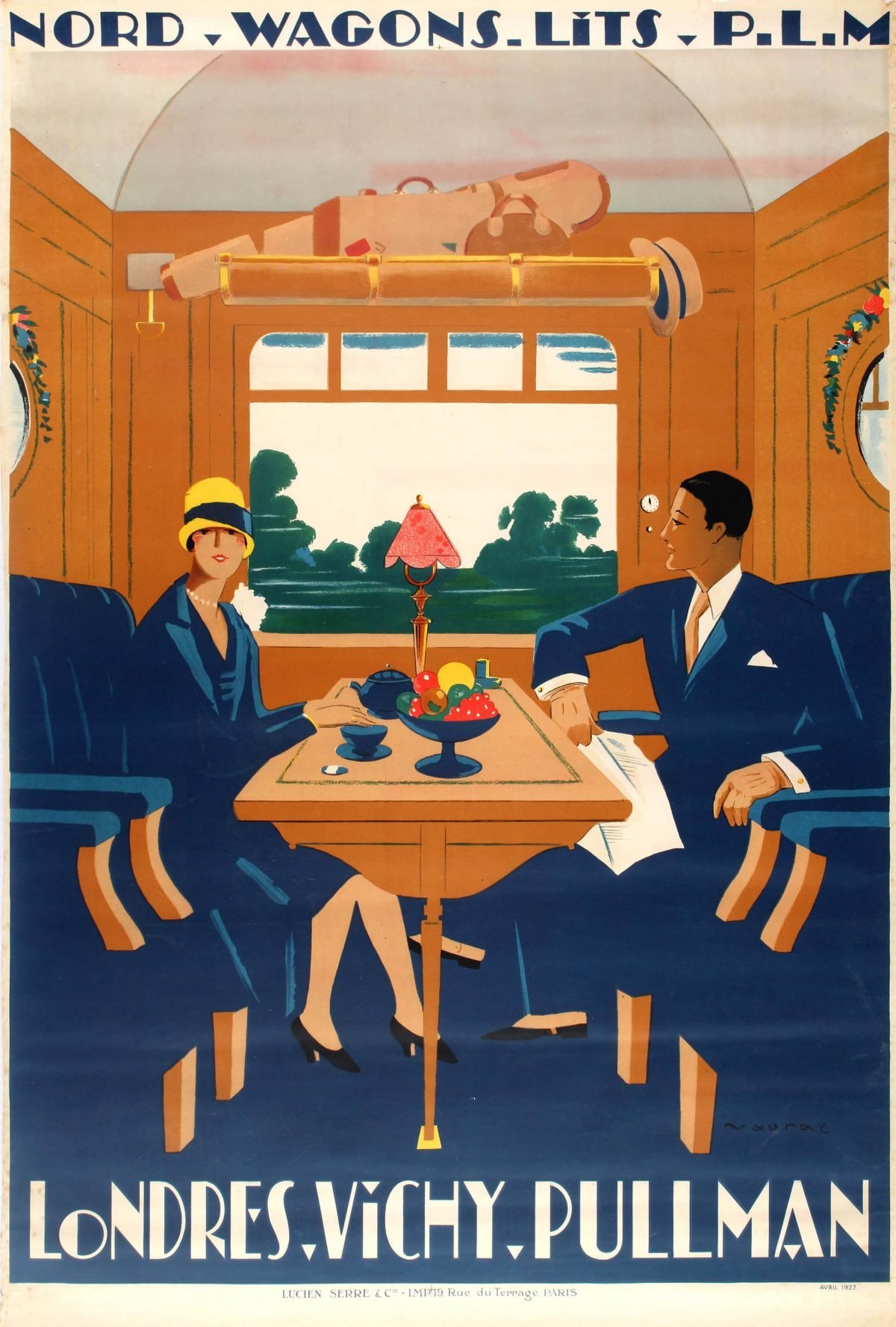 Cartel de Maurac. La sofisticación del viaje en tren y la simetría compositiva.