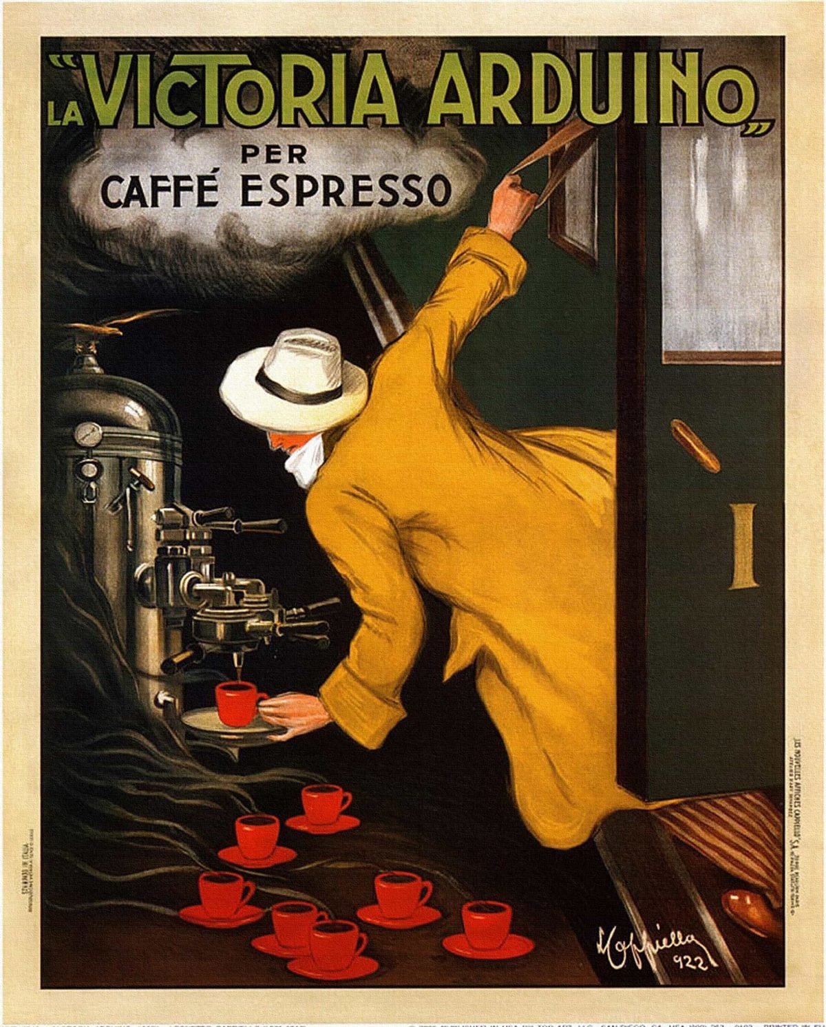 El cartel muestra a un hombre elegante inclinándose fuera de un vagón de tren de primera clase para preparar un café espresso mientras pasa rápidamente por una estación.