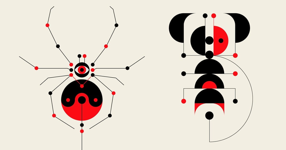 Ilustraciones al estilo de Alexander Calder con formas geométricas de arañas, medusas y pájaros