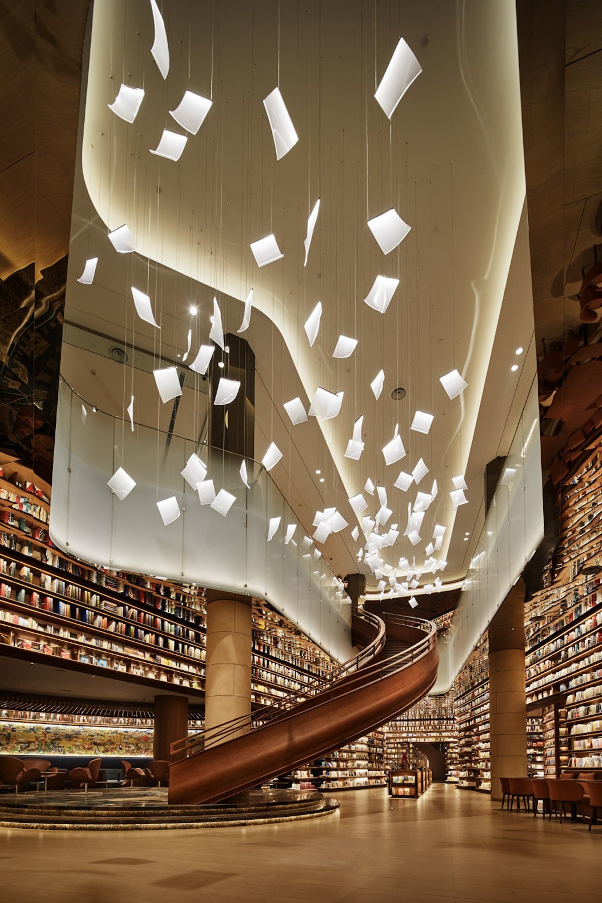 En esta biblioteca china las lámparas parecen hojas flotando en el aire2