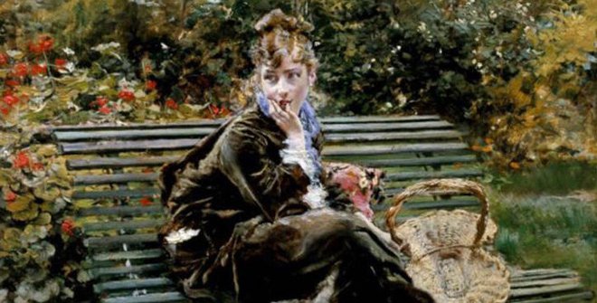 Giovanni Boldini. Sulla pachina al Bois (En el banco del Bois), 1872 © Colección particular, cortesía de Archivio Dini, Florencia.