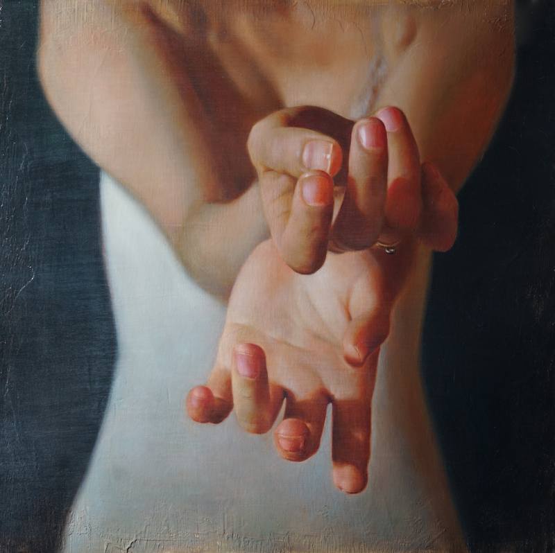 Anne Christine Roda, DANA'S HANDS, óleo sobre madera, 40 x 40 cm.