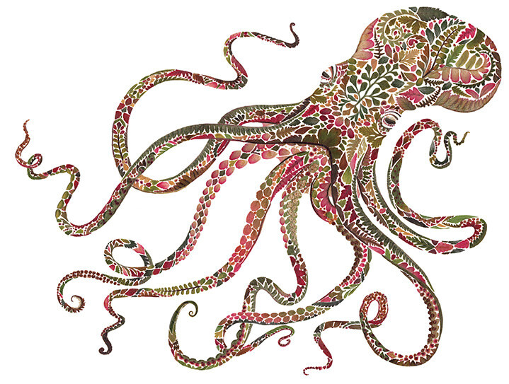 Ilustración pulpo con flores prensadas de Helen Ahpornsiri