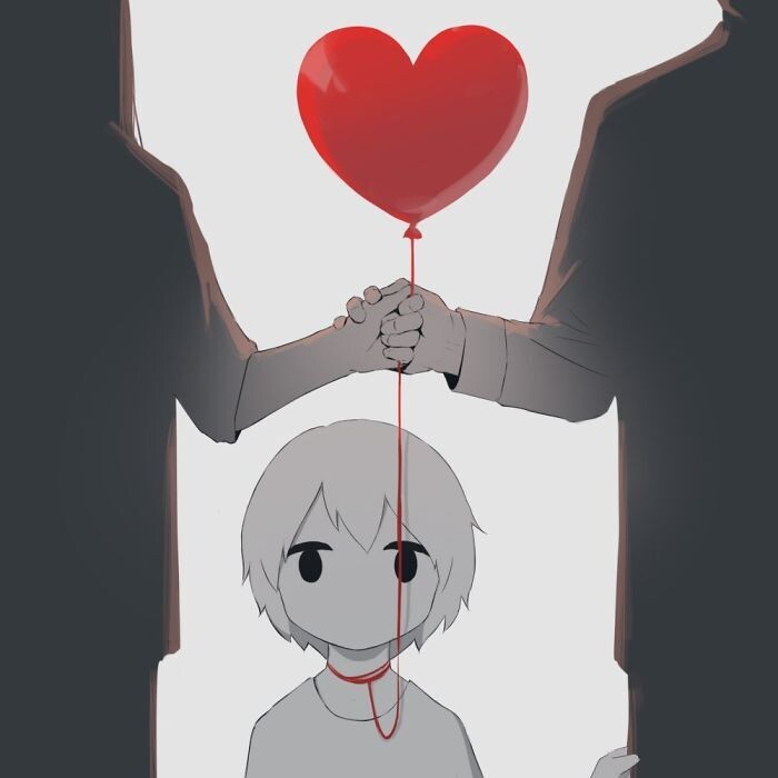 niño con un globo en forma de corazón atado al cuello