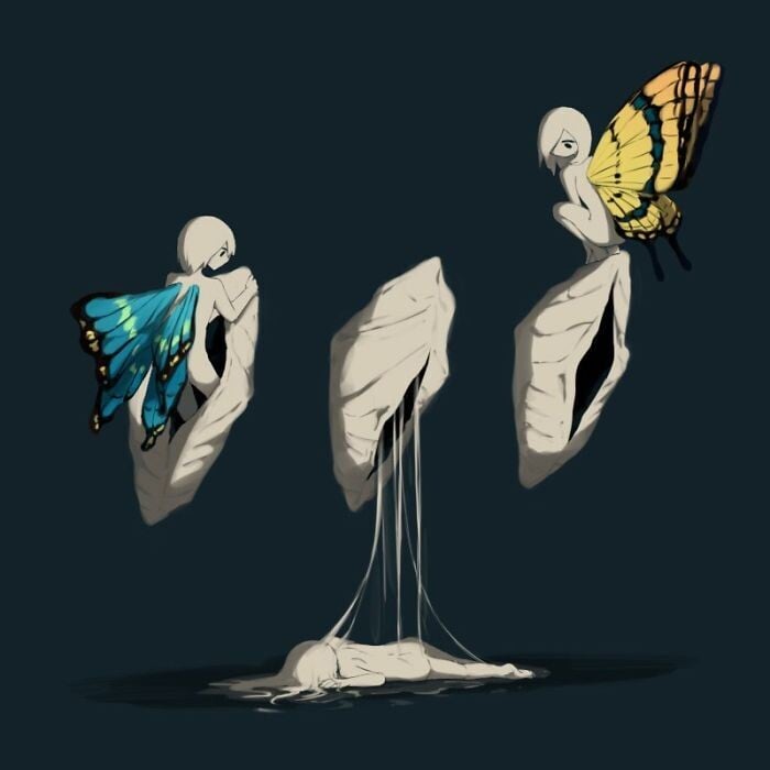 dos mariposas salen del capullo mientras observan como otra ha muerto en el intento