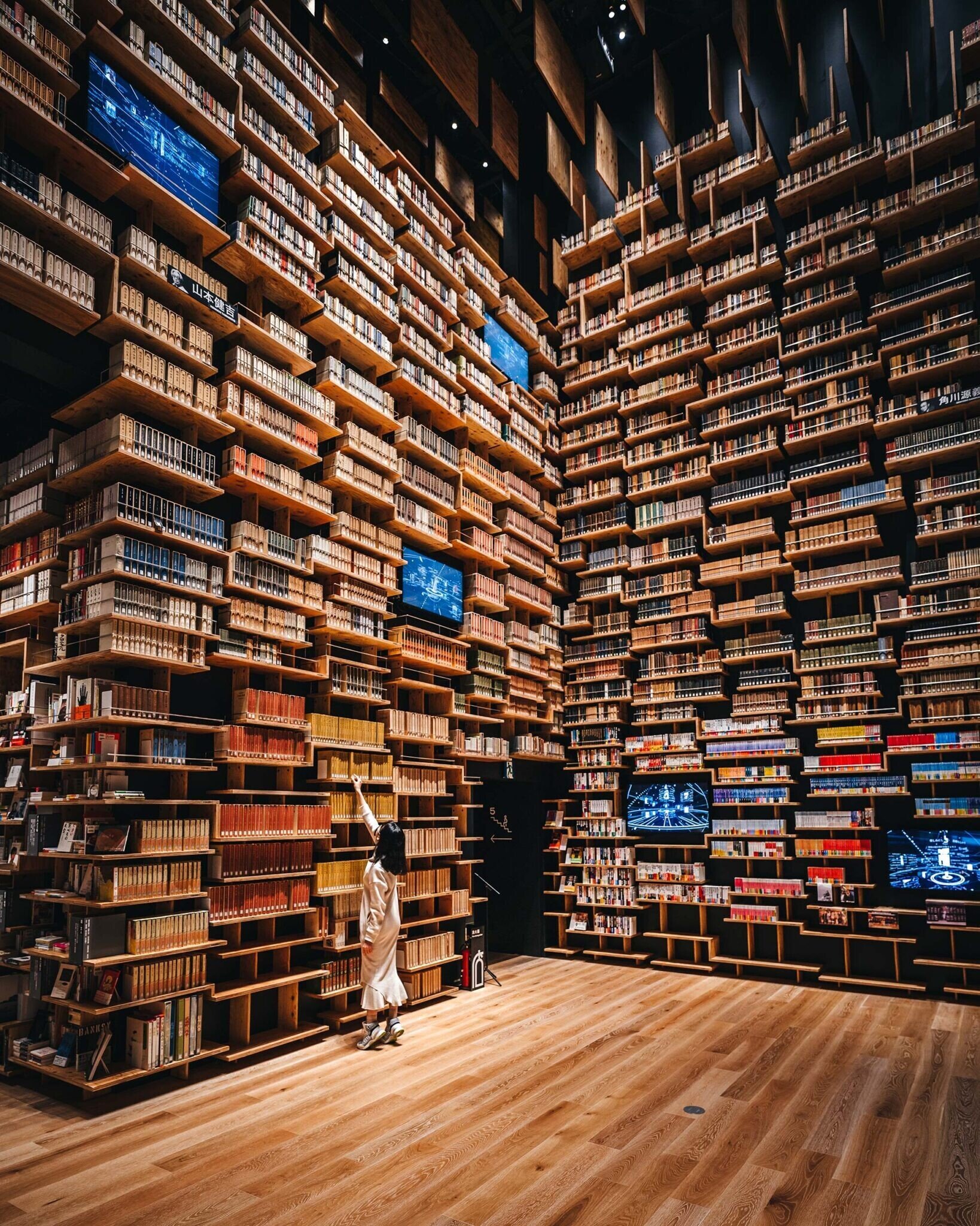 Una chica en el interior de una biblioteca de madera en la que parecen flotar los libros
