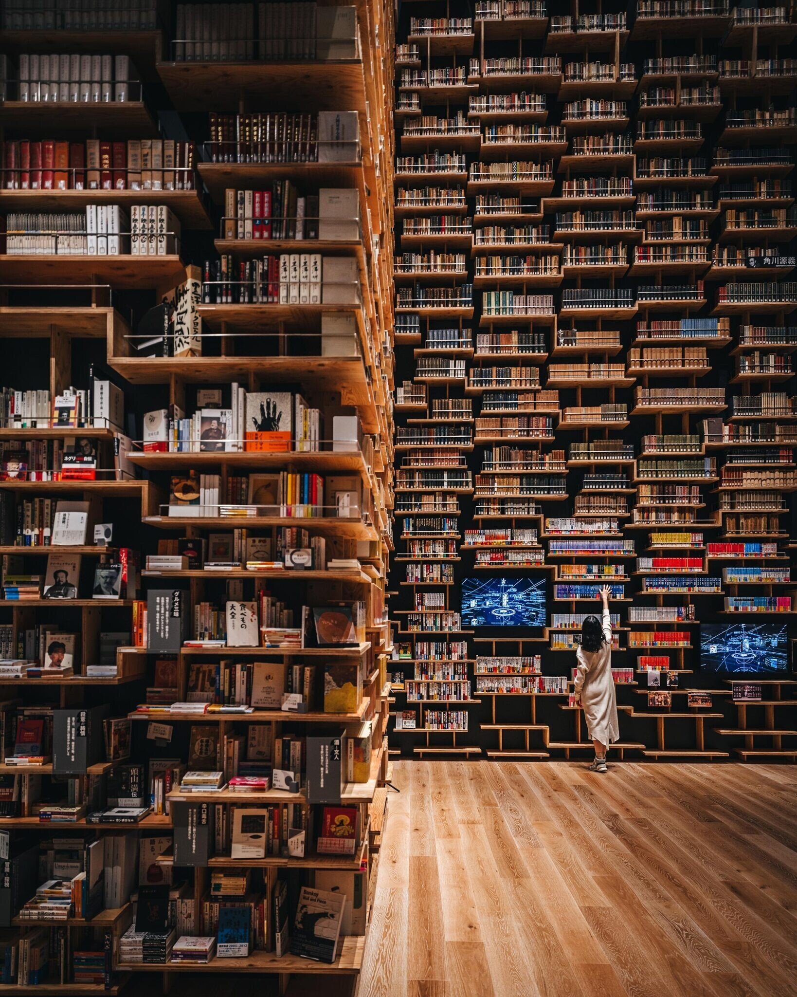 Una chica en el interior de una biblioteca de madera en la que parecen flotar los libros