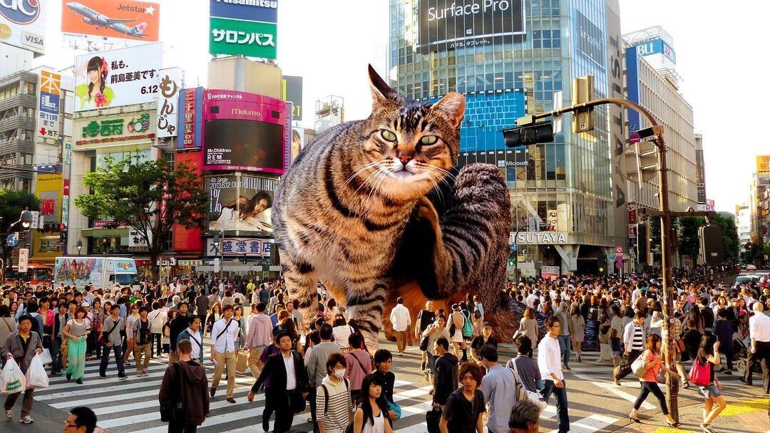 un gato gigante se rasca en mitad de una ciudad atestada de gente que podría ser Japón