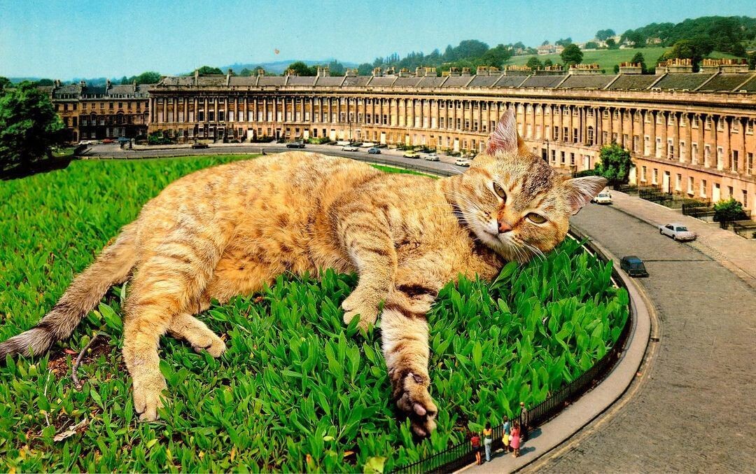 un gato gigante tumbado sobre la hierba de una rotonda