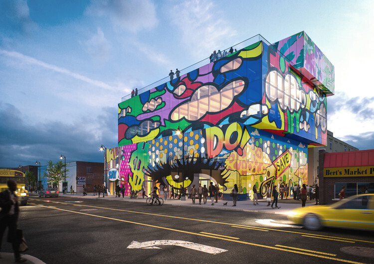 imagen de un edificio moderno decorado con graffitis