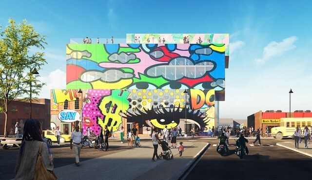 imagen de un edificio moderno decorado con graffitis