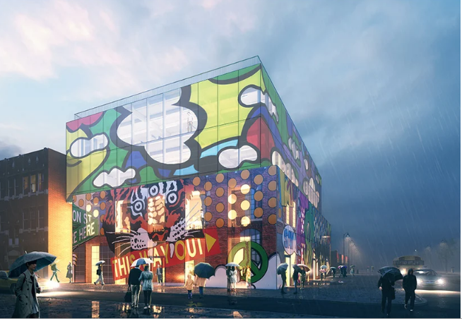 imagen de un edificio moderno decorado con graffitis