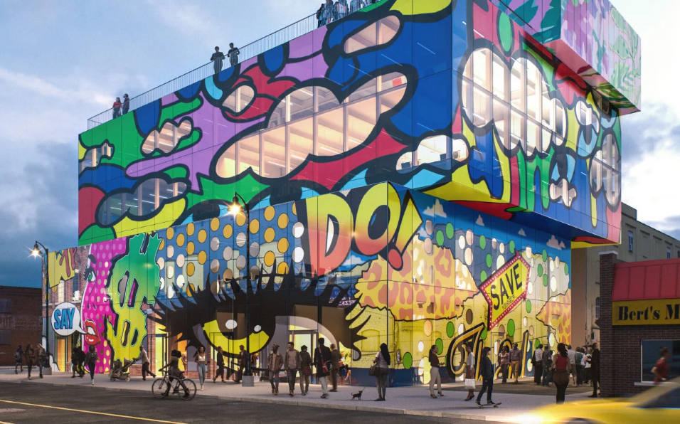 imagen de un edificio moderno decorado con graffitis