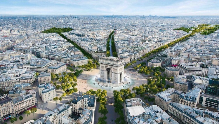 vista de los Campos Elíseos y el Arco de Triunfo de París rediseñados como un jardín urbanístico