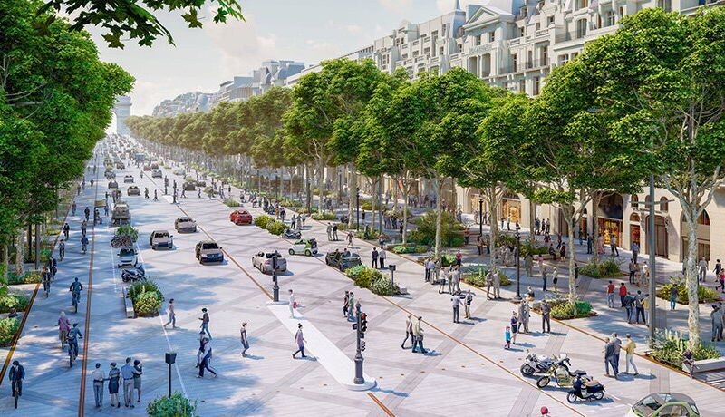 vista de los Campos Elíseos y el Arco de Triunfo de París rediseñados como un jardín urbanístico