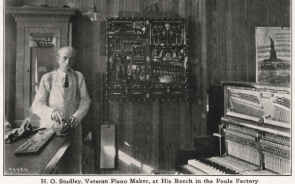 fotografía antigua de H.O Studley junto a su emblemático maletín de herramientas