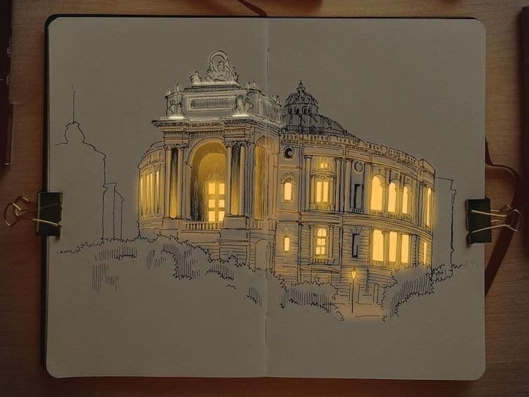 La luz se cuela por las ventanas de los dibujos de inspiración arquitectónica de Nikita Busyak