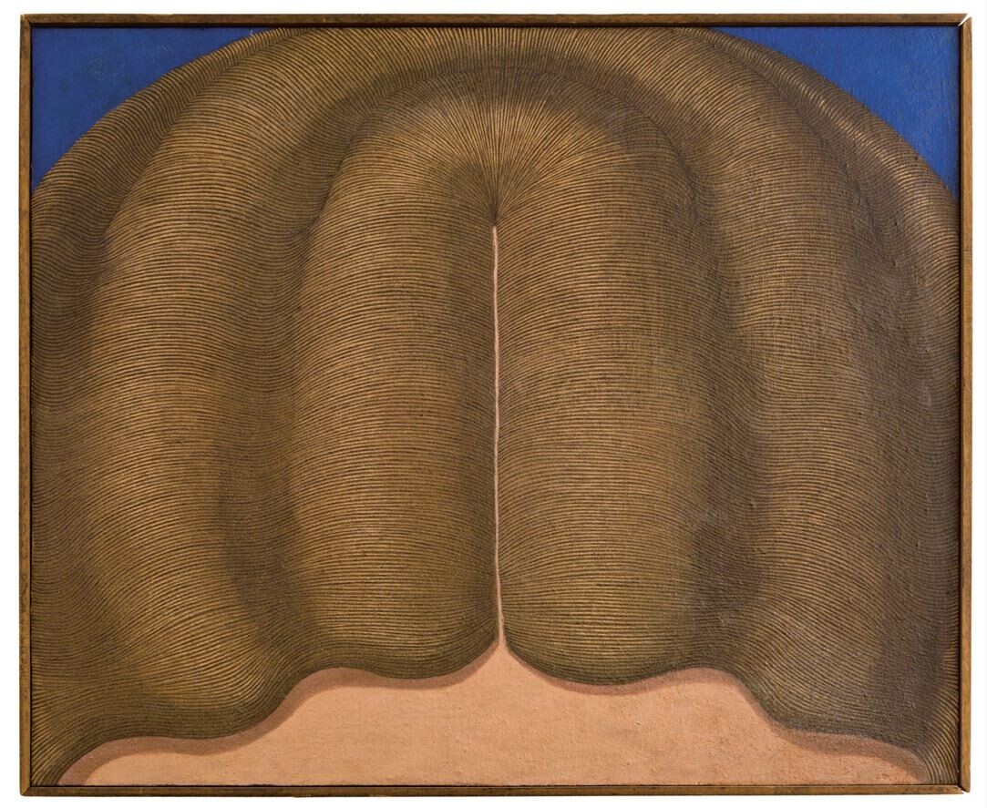 domenico gnoli cuadros detalles pinturas telas prendas ropa capigliatura femminile riga in mezzo n1 1965