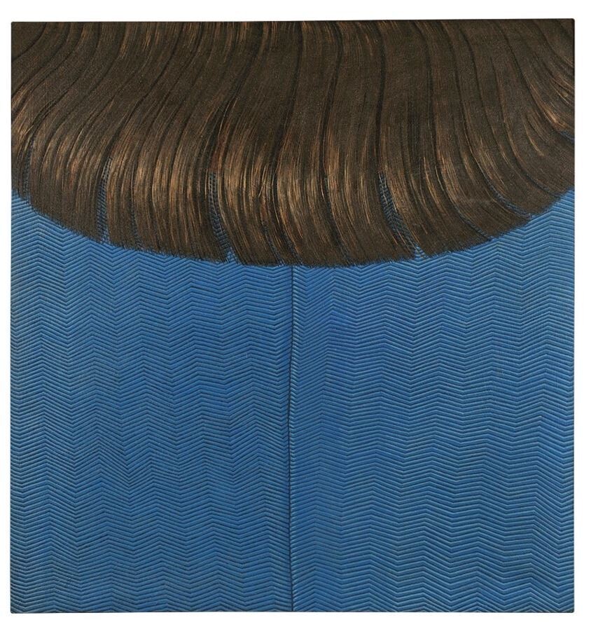 domenico gnoli cuadros detalles pinturas telas prendas ropa red hair on blue dress 1969