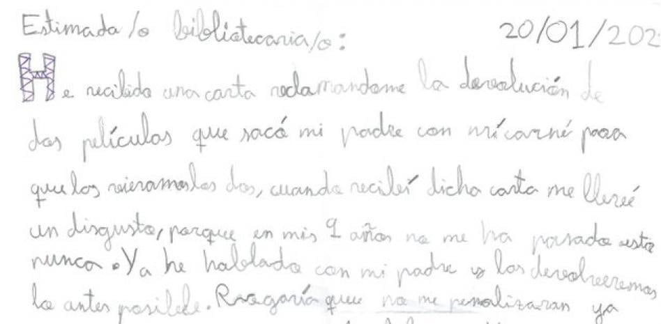 Una niña de Albacete escribe una tierna carta a su biblioteca por retrasarse en una devolución