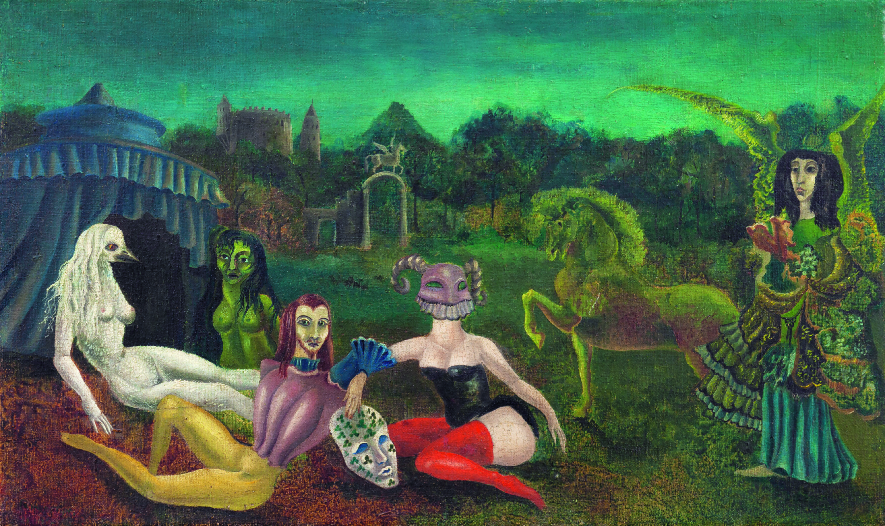 Leonora Carrington. Down Below (Abajo), 1940. Óleo sobre lienzo / Oil on canvas, 40 x 59,7 cm. Colección particular Mia Kim. © Estate of Leonora Carrington / VEGAP, Madrid, 2023