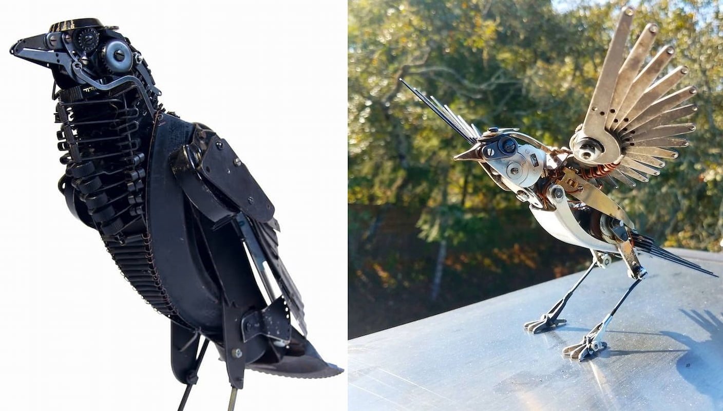 Un escultor convierte viejas máquinas de escribir en aves de estilo cyberpunk