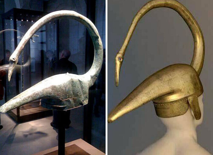 Curiosos descubrimientos arqueológicos. Un casco de bronce galo con forma de cisne, encontrado por arqueólogos en Tintignac, Francia, en 2004 (siglos IV-II a. C.)